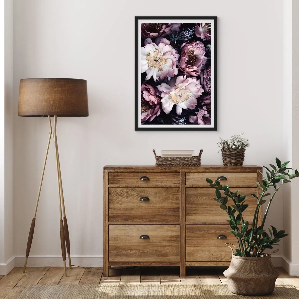 Poster in een zwarte lijst - Delicate pioenrozen in gedempte kleuren - 50x70cm - Boeket ouderwets - Moderne wanddecoratie voor woonkamer en slaapkamer ARTTOR