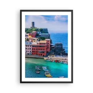 Poster in een zwarte lijst - Een kleurrijk stadje aan de blauwe zee - 50x70cm - Mediterrane magische stad - Moderne wanddecoratie voor woonkamer en slaapkamer ARTTOR