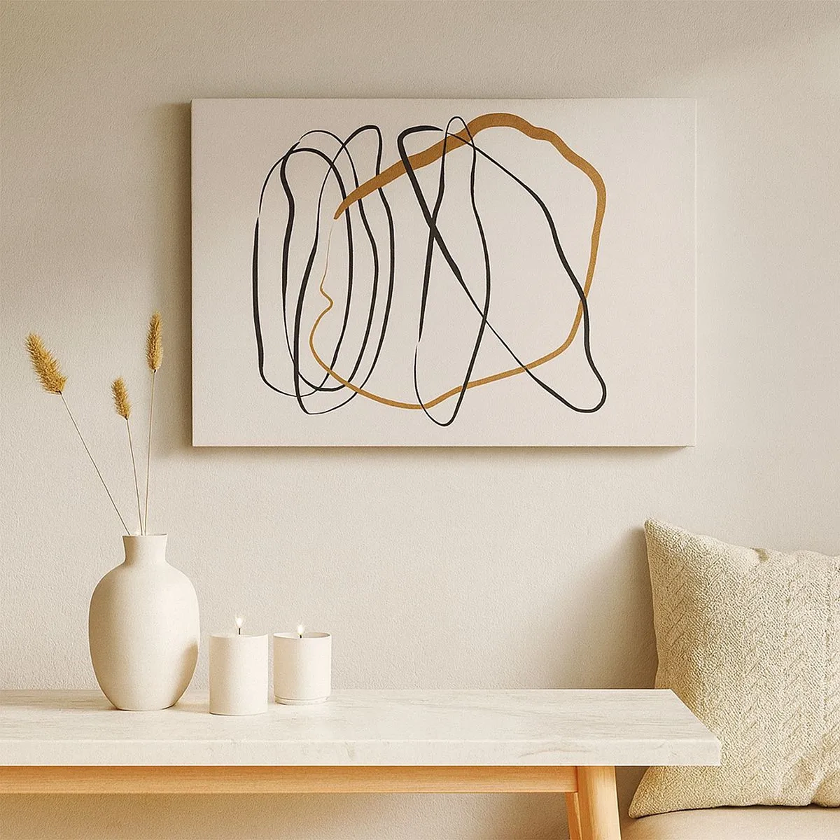 Schilderen op canvas - Artistieke lijnen in zwart en goud op een lichte achtergrond - 70x50cm - Compositie – loopdans - Moderne wanddecoratie voor woonkamer en slaapkamer ARTTOR