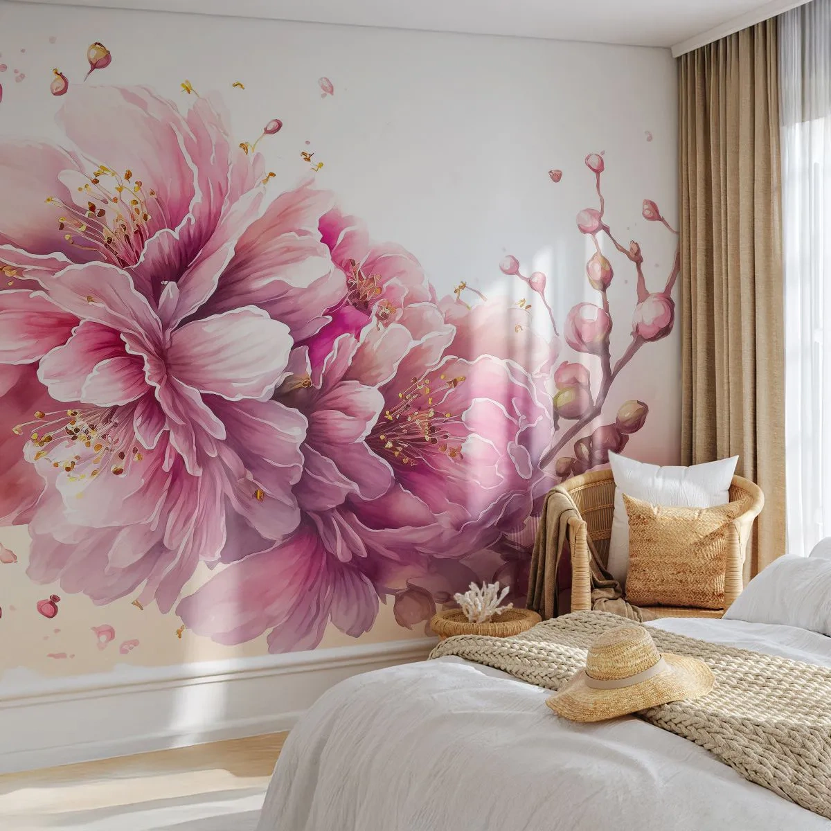 Fotobehang Standard Eco - Kersenbloesem - Bloeiend, Bloem, Waterverf - 150x105 cm