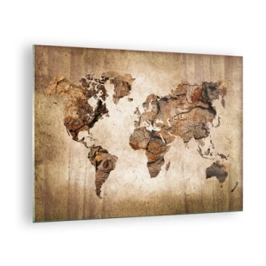 Schilderen op glas - Een wereldkaart in bruine tinten die hout imiteren - 70x50cm - Ontdekking van de wereld - Moderne wanddecoratie voor woonkamer en slaapkamer ARTTOR