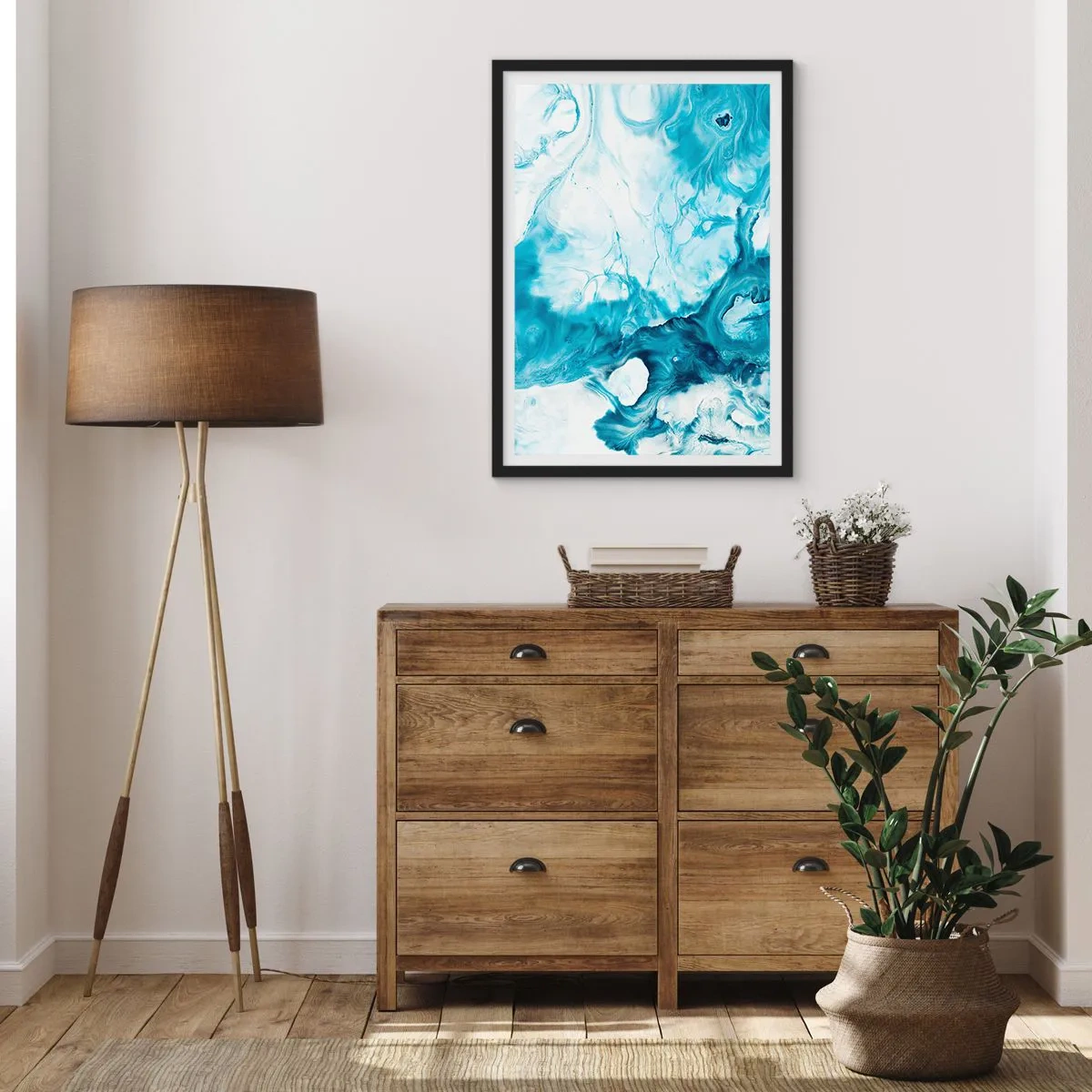 Poster in een zwarte lijst - Abstracte compositie in tinten blauw en wit - 50x70cm - Blauw Concert - Moderne wanddecoratie voor woonkamer en slaapkamer ARTTOR