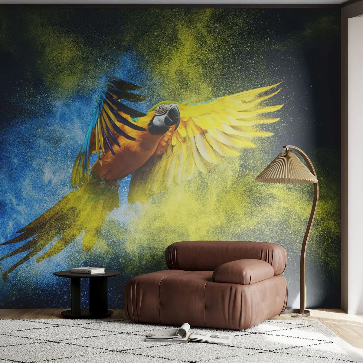 Zelfklevend Fotobehang Deluxe Sticker - In het blauwe en gouden stof - Papegaai, Abstractie, Deel - 250x175 cm