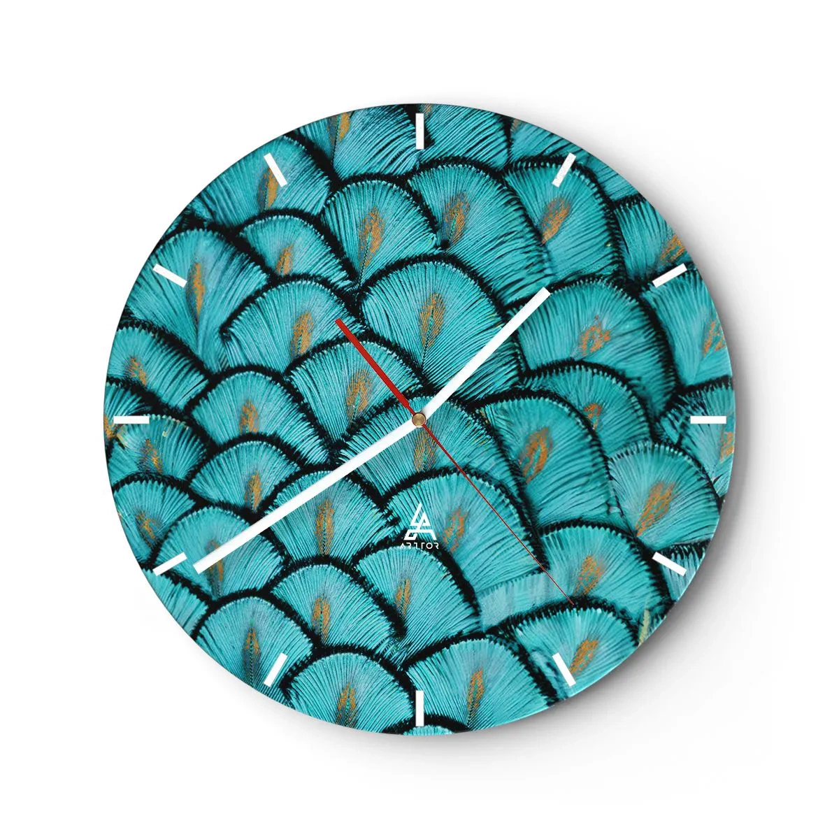 Wandklok - Klok - Een close-up van turquoise pauwenveren in een decoratief arrangement. - 30x30cm - Het grote verengala - Moderne wanddecoratie voor woonkamer, keuken en slaapkamer ARTTOR
