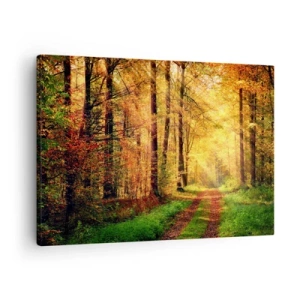 Schilderen op canvas - Een bospad omgeven door gouden en groene bomen - 70x50cm - Bos-gouden stilte - Moderne wanddecoratie voor woonkamer en slaapkamer ARTTOR