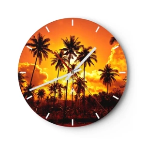 Wandklok - Klok - Palmbomen tegen de achtergrond van de ondergaande zon - 30x30cm - Bergen staan 