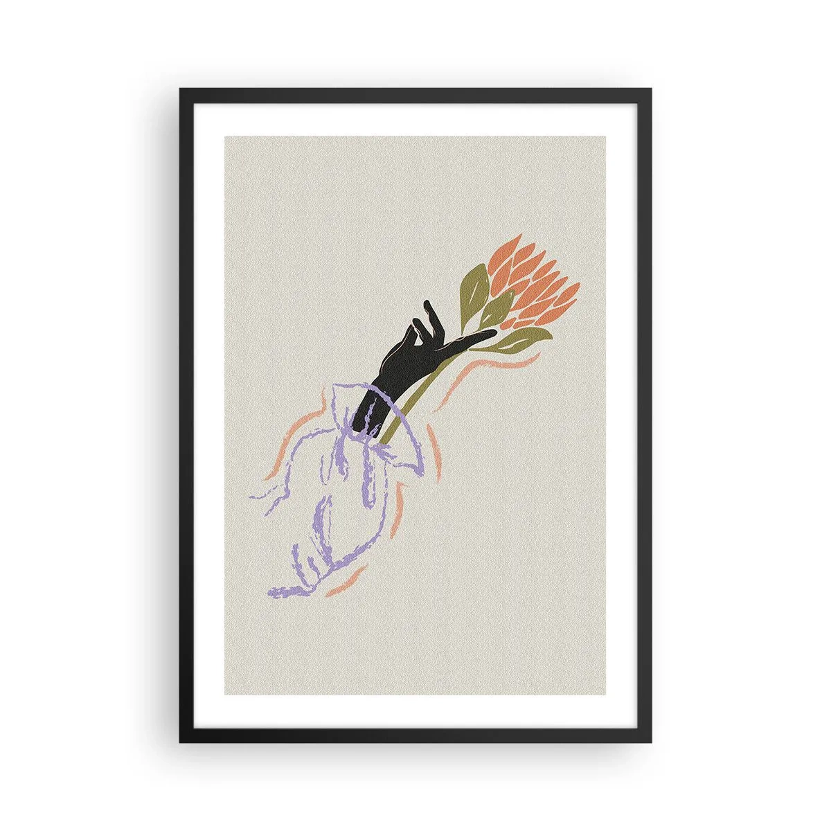 Poster in een zwarte lijst - Abstracte tekening van een hand die een boeket bloemen vasthoudt - 50x70cm - Zusterlijke aanraking - Moderne wanddecoratie voor woonkamer en slaapkamer ARTTOR