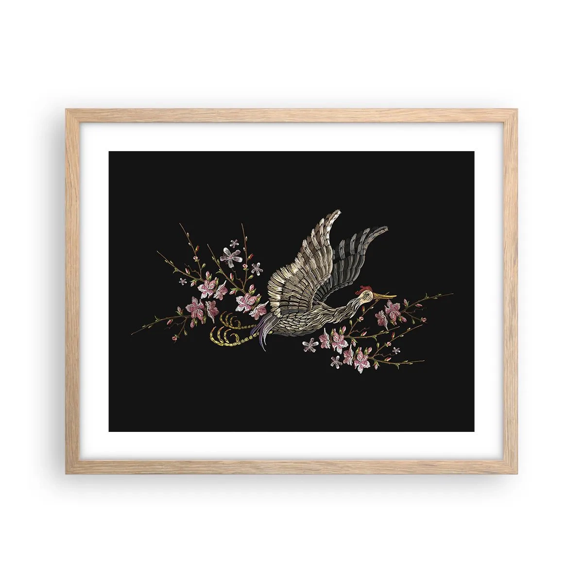 Een poster in een licht eiken lijst - Exotische geborduurde vogel - 50x40 cm