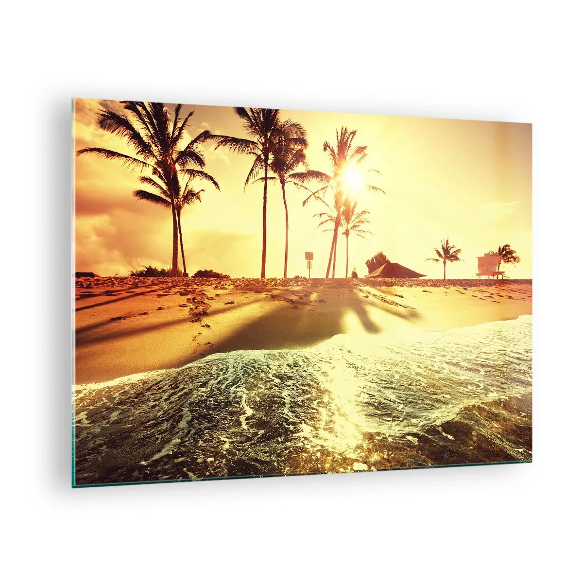 Schilderen op glas - Goudkleurig strand met palmbomen bij zonsondergang en een kalme zee - 70x50cm - Californië middag - Moderne wanddecoratie voor woonkamer en slaapkamer ARTTOR