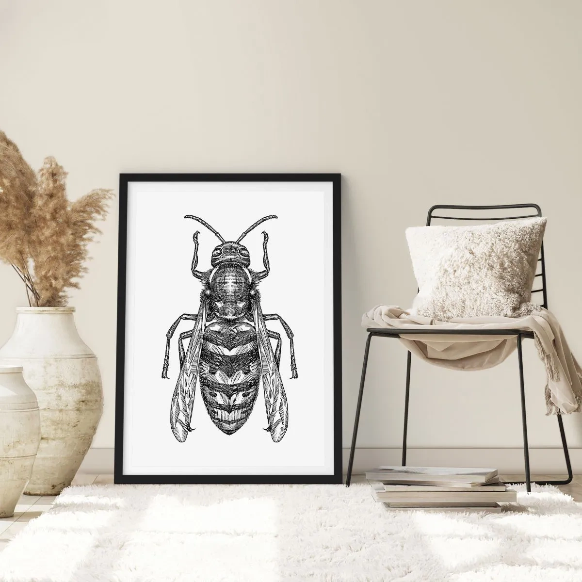 Poster in een zwarte lijst - Gedetailleerde illustratie van een wesp - 50x70cm - Van een insectenplaneet - Moderne wanddecoratie voor woonkamer en slaapkamer ARTTOR
