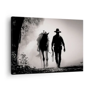 Schilderen op canvas - Cowboy met paard in de ochtendmist - 70x50cm - Texas ochtend - Moderne wanddecoratie voor woonkamer en slaapkamer ARTTOR