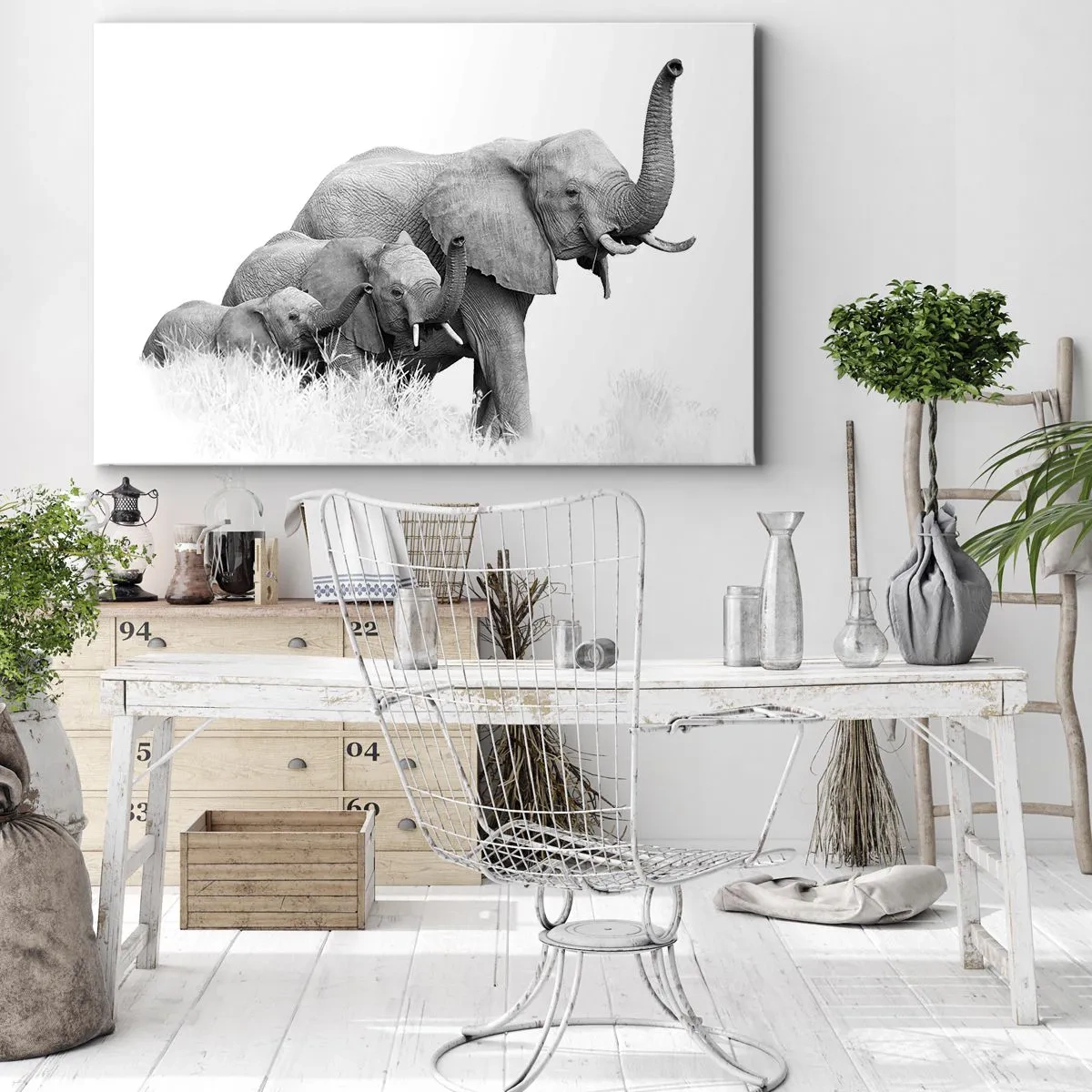 Schilderen op canvas - Een olifantenfamilie tegen een Afrikaans landschap in zwart-wit. - 70x50cm - Een twee drie - Moderne wanddecoratie voor woonkamer en slaapkamer ARTTOR