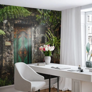 Zelfklevend Fotobehang Deluxe Sticker - Een deur naar een exotische wereld - Deur Met Ornament, Architectuur, Mysterie - 450x315 cm