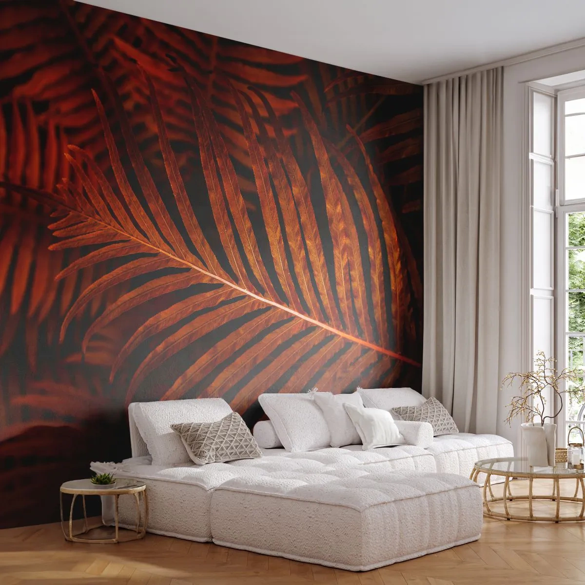 Fotobehang Premium Sand - De hitte van het leven - Abstractie, Palm bladeren, Tropische plant - 500x350 cm