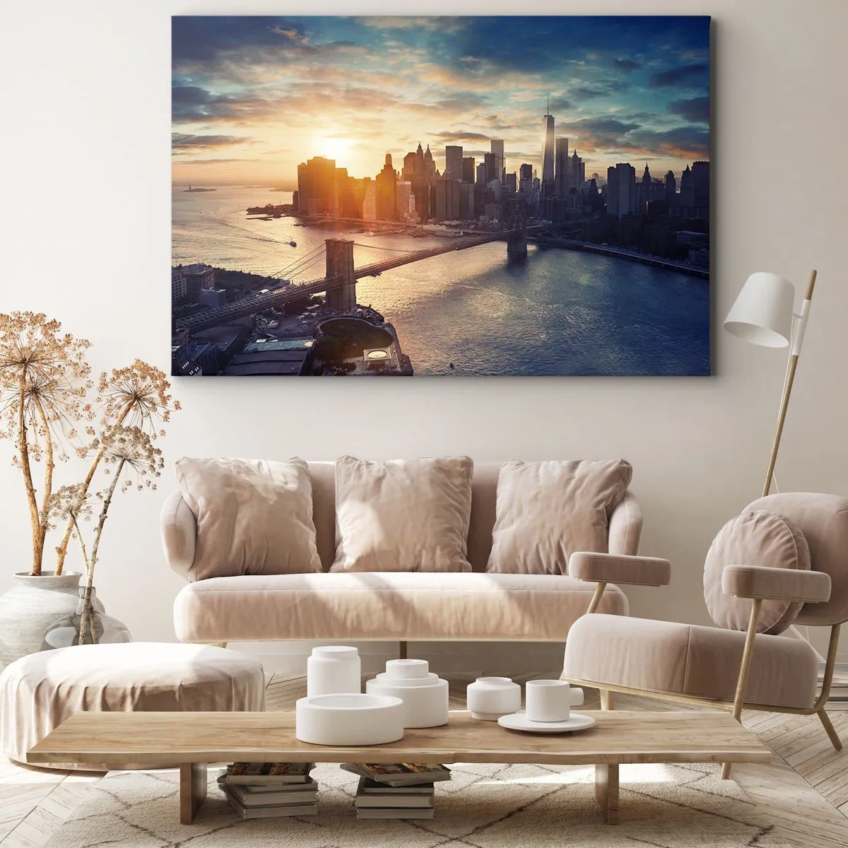 Schilderen op canvas - Panorama van de stad met de brug en de rivier in het licht van de ondergaande zon - 70x50cm - Westers cultuurmonument - Moderne wanddecoratie voor woonkamer en slaapkamer ARTTOR