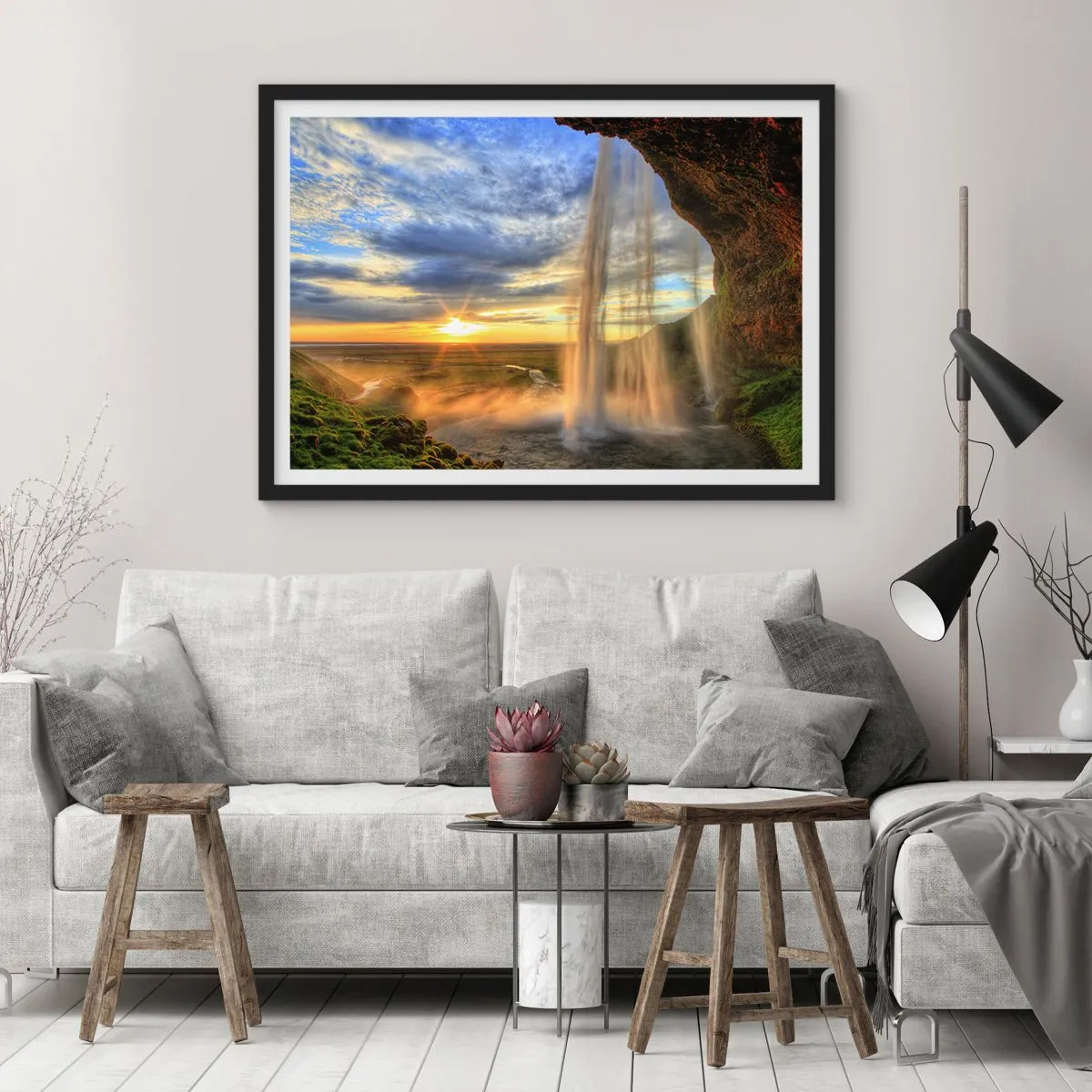 Poster in een zwarte lijst - De wereld achter een sluier van druppels - 100x70 cm