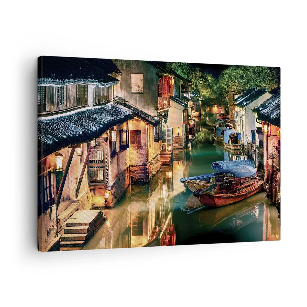 Schilderen op canvas - Nachtzicht op de grachten met traditionele boten en huizen - 70x50cm - Een avond op een Chinese straat - Moderne wanddecoratie voor woonkamer en slaapkamer ARTTOR