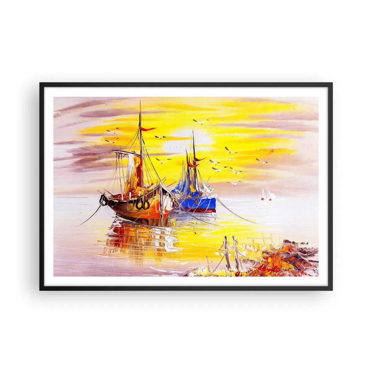 Poster in een zwarte lijst - Een welverdiende rust in de haven - 100x70 cm