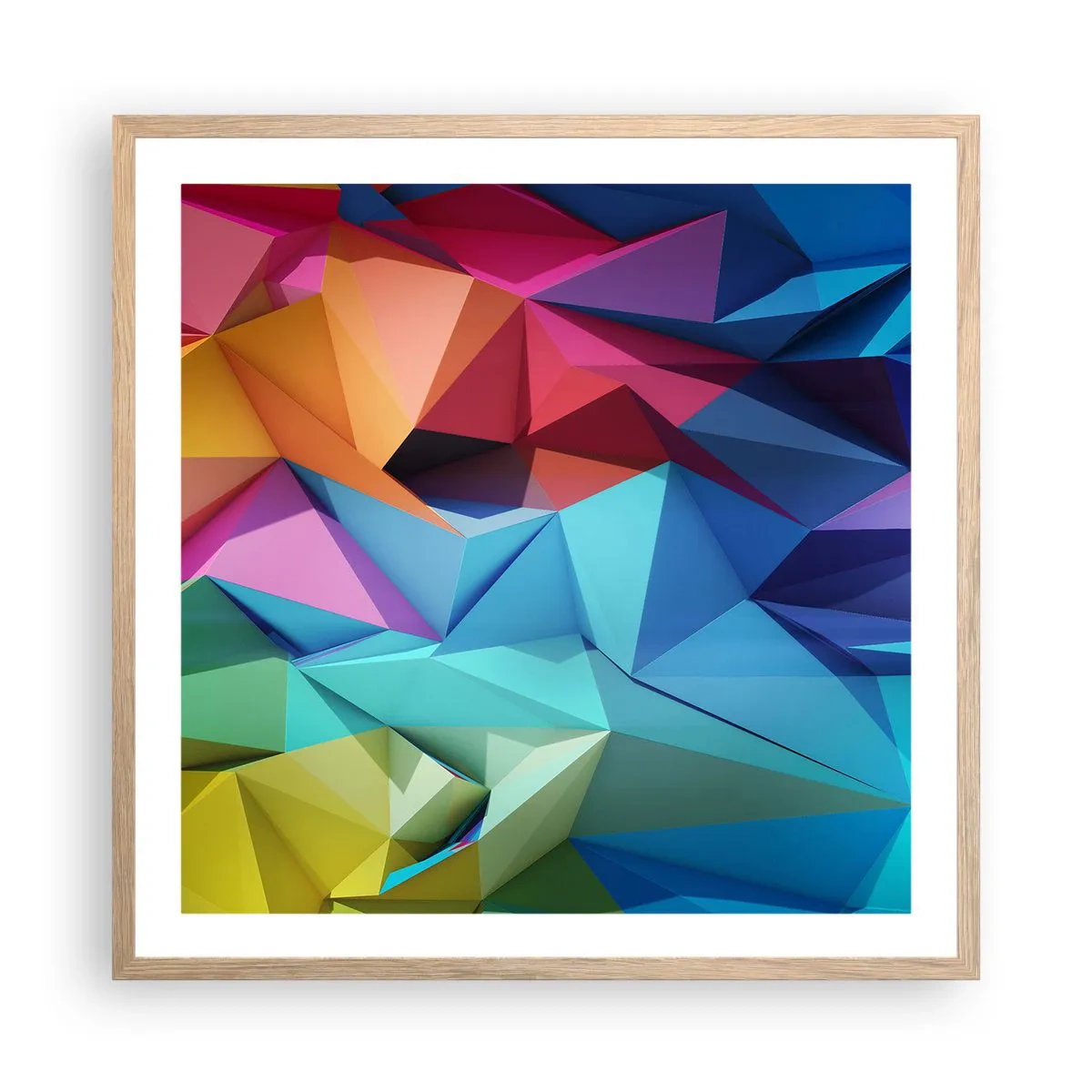 Een poster in een licht eiken lijst - Regenboog origami - 60x60 cm