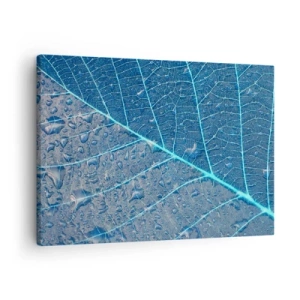 Schilderen op canvas - Een blad in tinten blauw met waterdruppels - 70x50cm - Leven in blauw - Moderne wanddecoratie voor woonkamer en slaapkamer ARTTOR