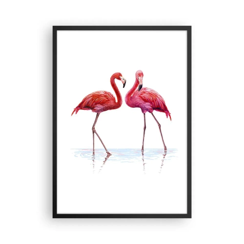 Poster in een zwarte lijst - Twee flamingo's op een witte achtergrond met weerspiegeling in het water - 50x70cm - Roze randez-vous - Moderne wanddecoratie voor woonkamer en slaapkamer ARTTOR