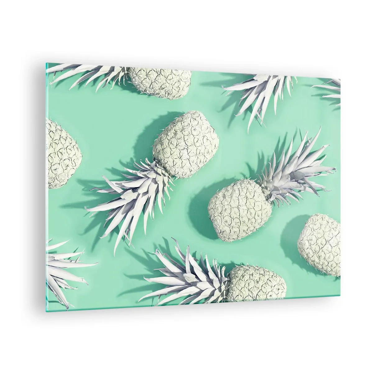 Schilderen op glas - Witte ananas op een muntachtergrond in een artistieke compositie - 70x50cm - Het gaat goed met munt - Moderne wanddecoratie voor woonkamer en slaapkamer ARTTOR