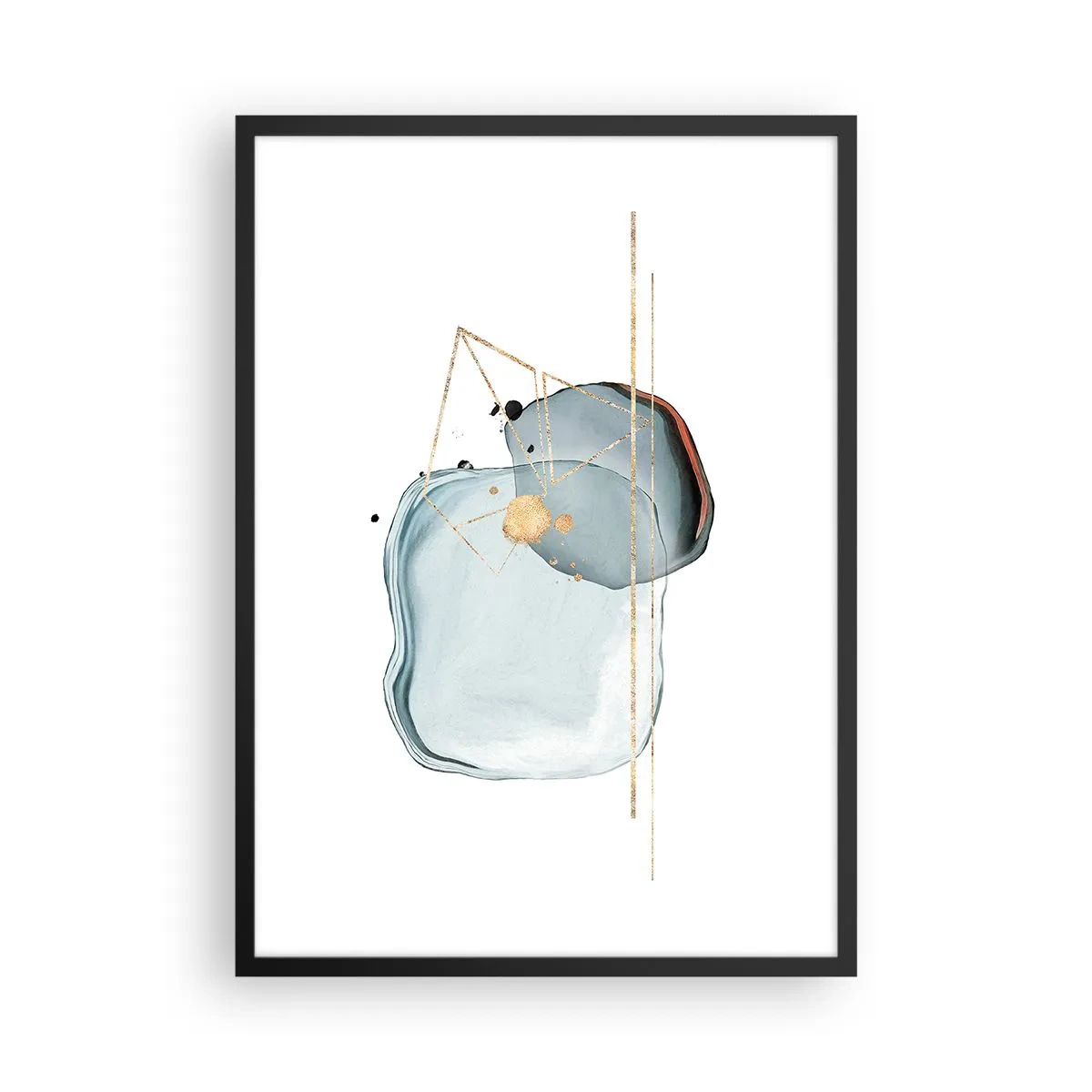 Poster in een zwarte lijst - Abstracte aquarelcompositie met een geometrisch goudpatroon - 50x70cm - Een studie van druppels - Moderne wanddecoratie voor woonkamer en slaapkamer ARTTOR