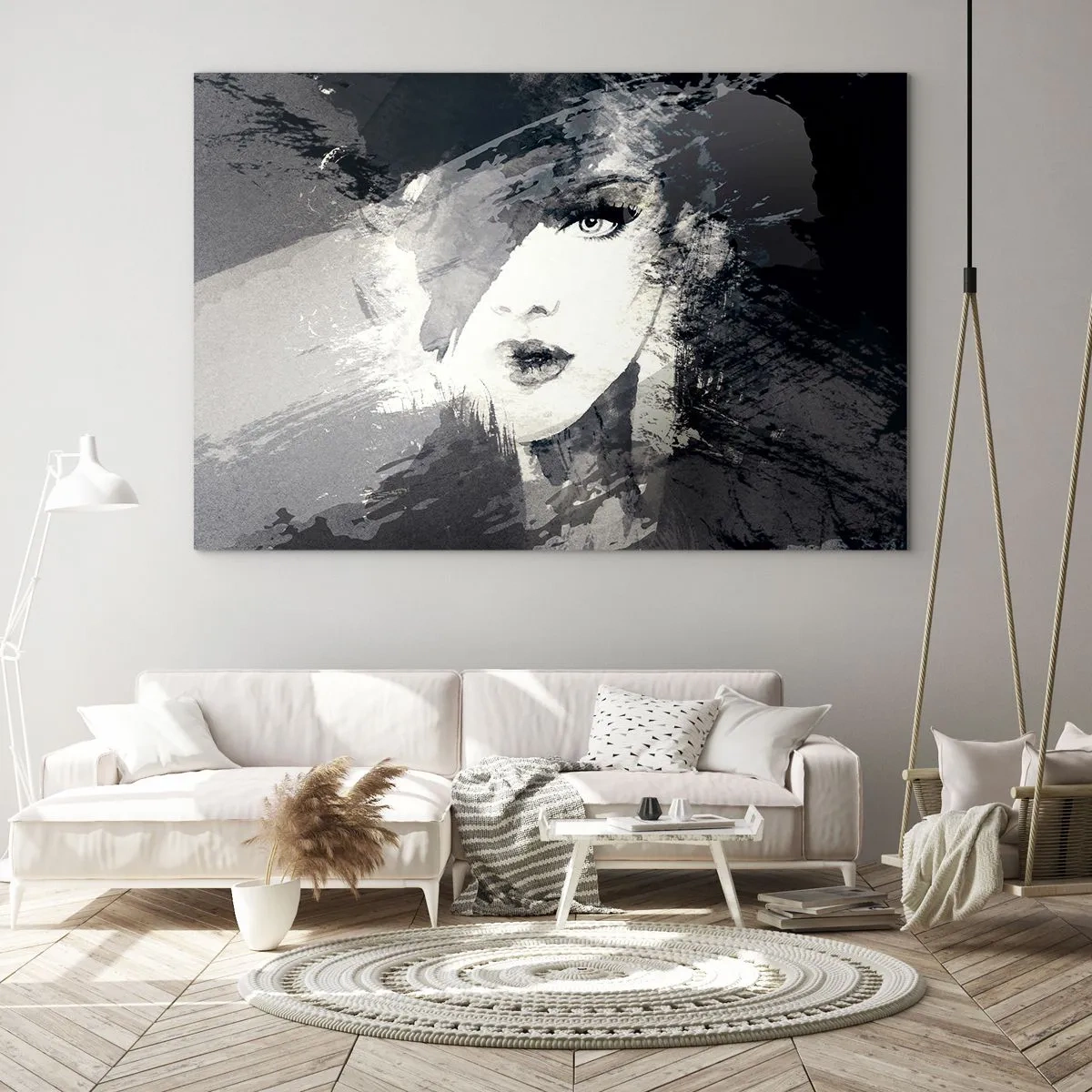 Schilderen op glas - Het gezicht van een vrouw is gedeeltelijk bedekt met abstracte grijze vlekken. - 70x50cm - Achter een grijze sluier - Moderne wanddecoratie voor woonkamer en slaapkamer ARTTOR