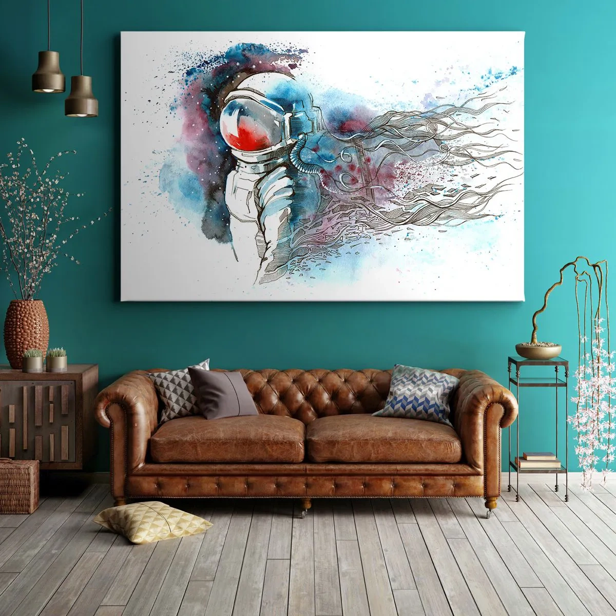 Schilderen op canvas - Een kosmonaut in een dynamische aquarel met kosmische details - 70x50cm - Alleen met de kosmos - Moderne wanddecoratie voor woonkamer en slaapkamer ARTTOR
