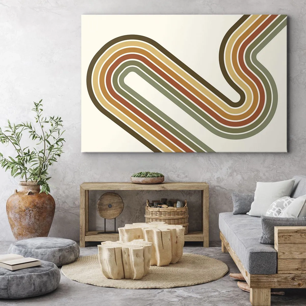 Schilderen op canvas - Geometrisch patroon in tinten groen, oranje en beige op een lichte achtergrond - 70x50cm - Zigzag naar het doel - Moderne wanddecoratie voor woonkamer en slaapkamer ARTTOR