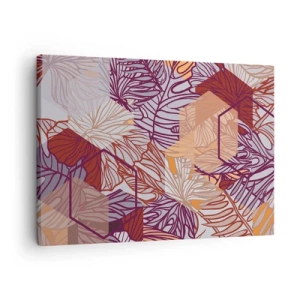 Schilderen op canvas - Een decoratief tropisch bladpatroon in tinten paars, oranje en beige. - 70x50cm - Onmogelijke relatie tussen geometrie en natuur - Moderne wanddecoratie voor woonkamer en slaapkamer ARTTOR