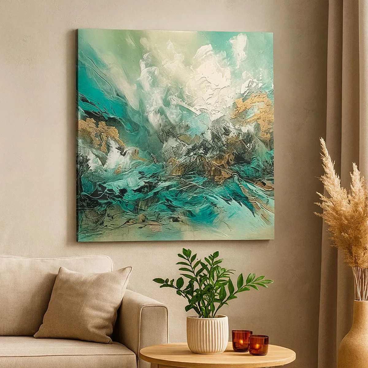 Schilderen op canvas - Emerald en zwarte branding - 30x30 cm