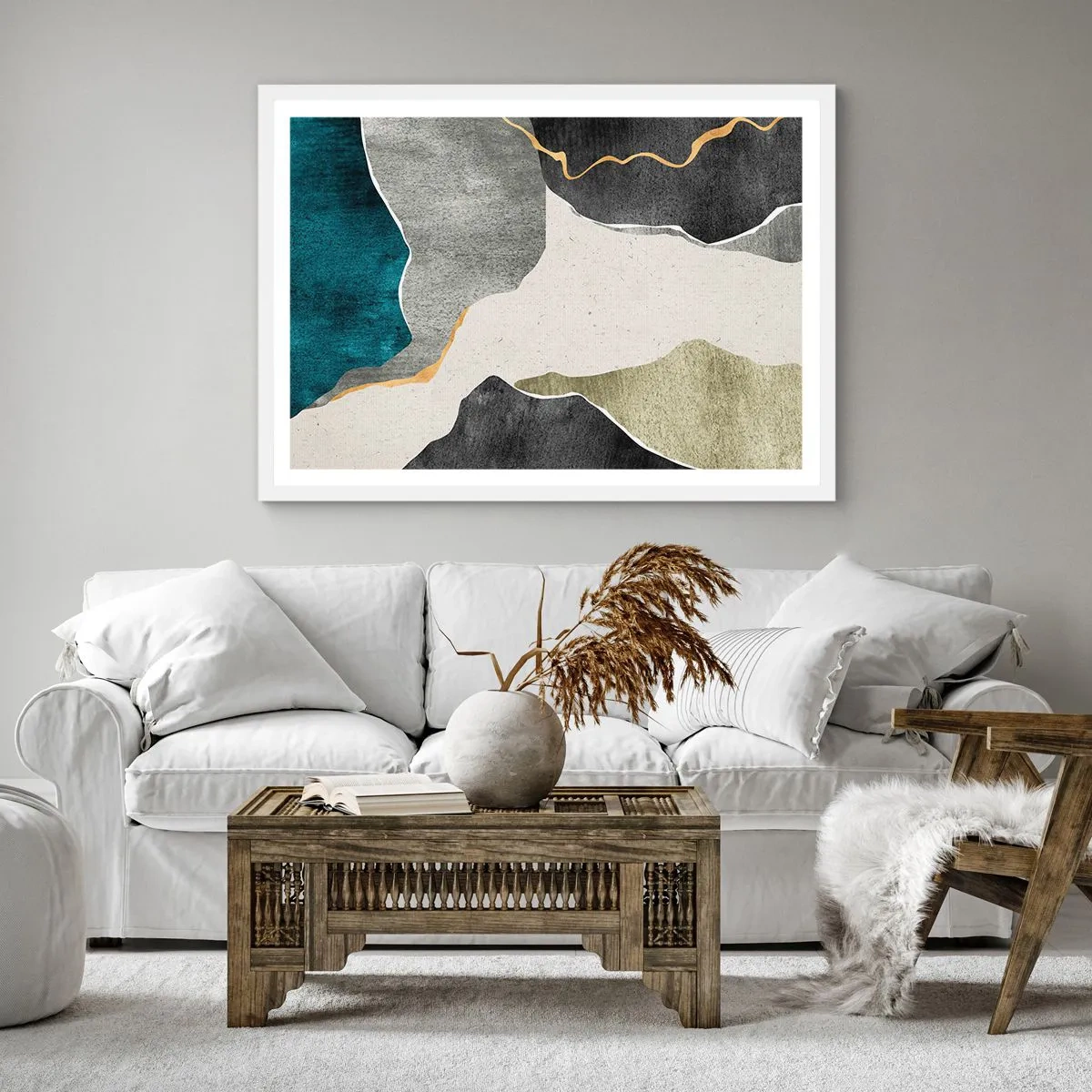 Poster in een witte lijst - Mozaïekcompositie met gouddraad - 30x30 cm