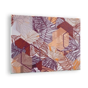 Schilderen op glas - Grafische bladeren tegen een achtergrond van geometrische vormen - 70x50cm - Onmogelijke relatie tussen geometrie en natuur - Moderne wanddecoratie voor woonkamer en slaapkamer ARTTOR