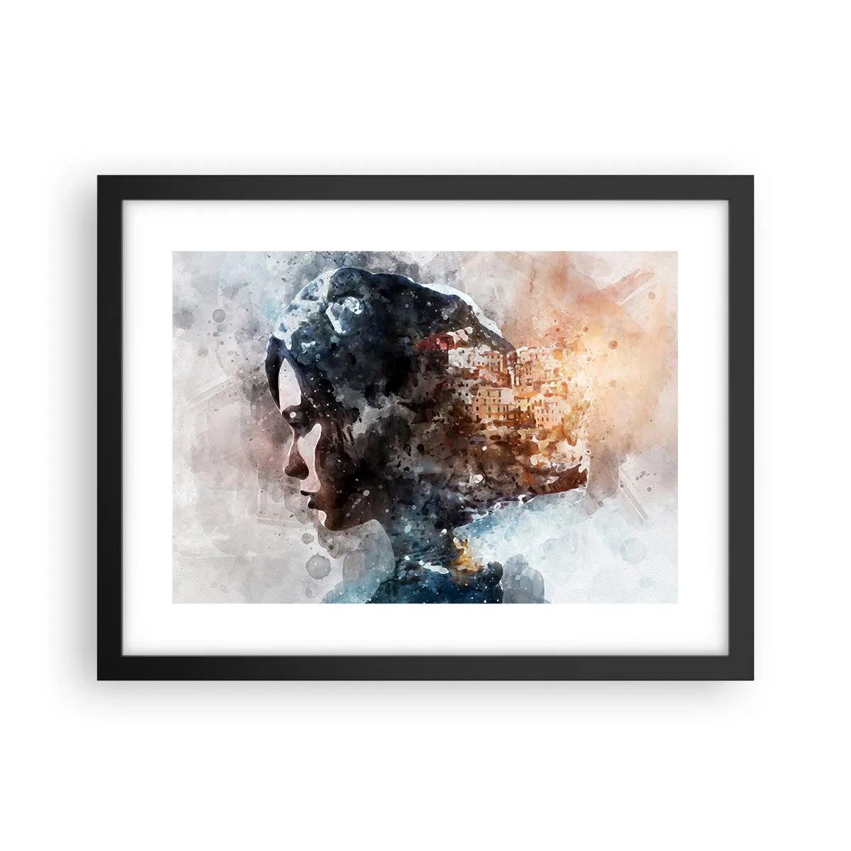 Poster in een zwarte lijst - Een verhaal over een meisje met een stad op de achtergrond - 40x30 cm
