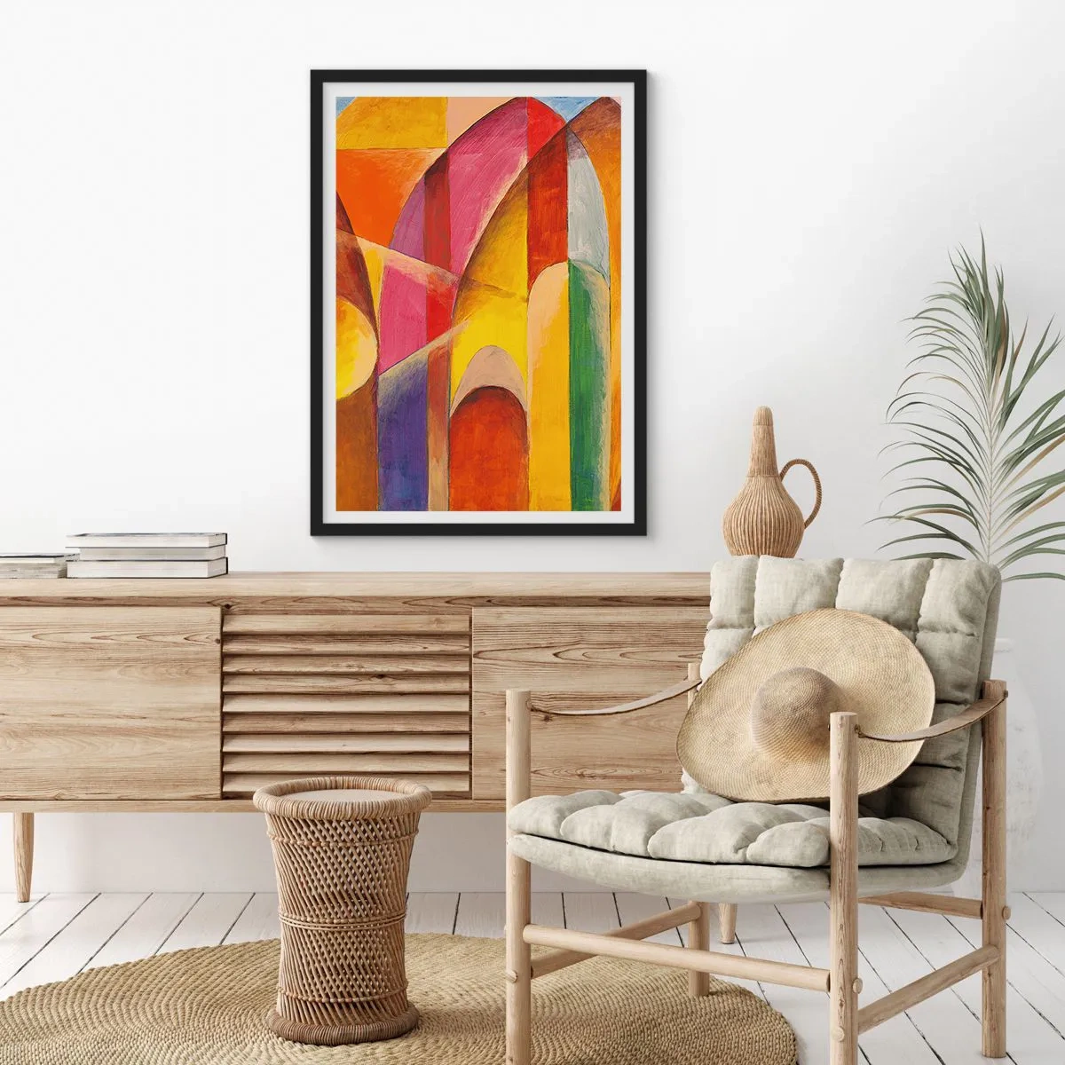 Poster in een zwarte lijst - Kleurrijke abstractie met geometrische vormen - 50x70cm - Kathedraal van de zon - Moderne wanddecoratie voor woonkamer en slaapkamer ARTTOR