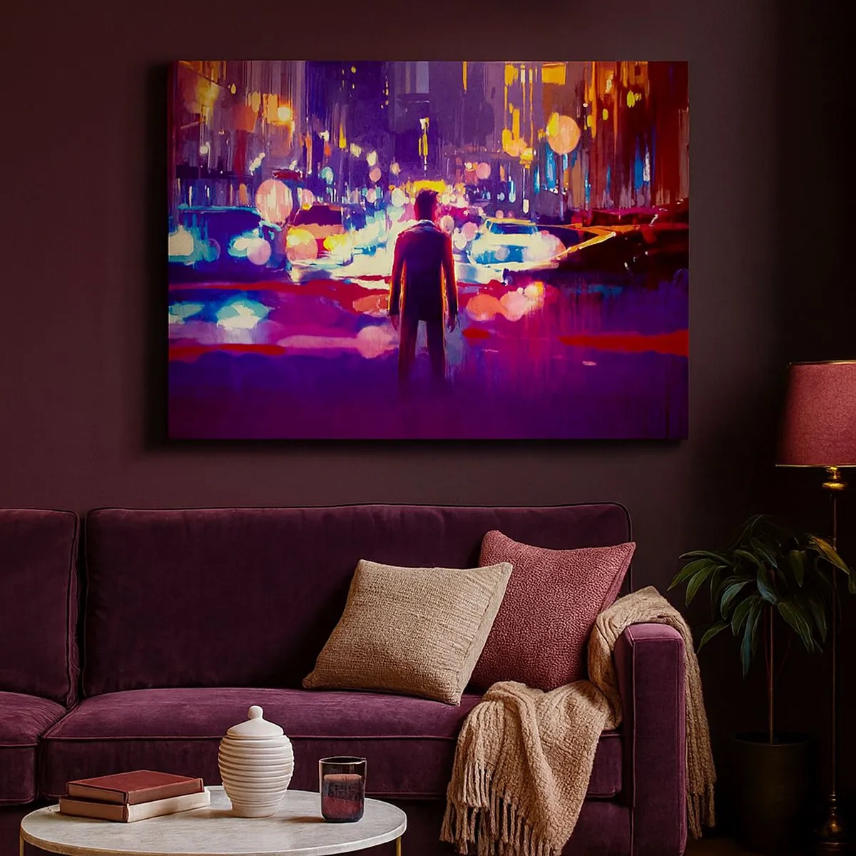 Schilderen op canvas - Een man in een neonstadsnachtscène - 70x50cm - Ondergedompeld in het licht - Moderne wanddecoratie voor woonkamer en slaapkamer ARTTOR