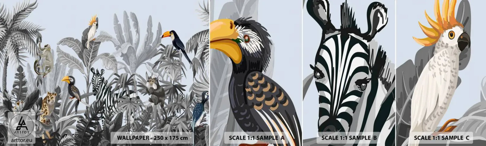 Fotobehang Staaltje Standard Eco - Afrikaans sprookje - Abstractie, Oerwoud, Dieren - 100x30 cm