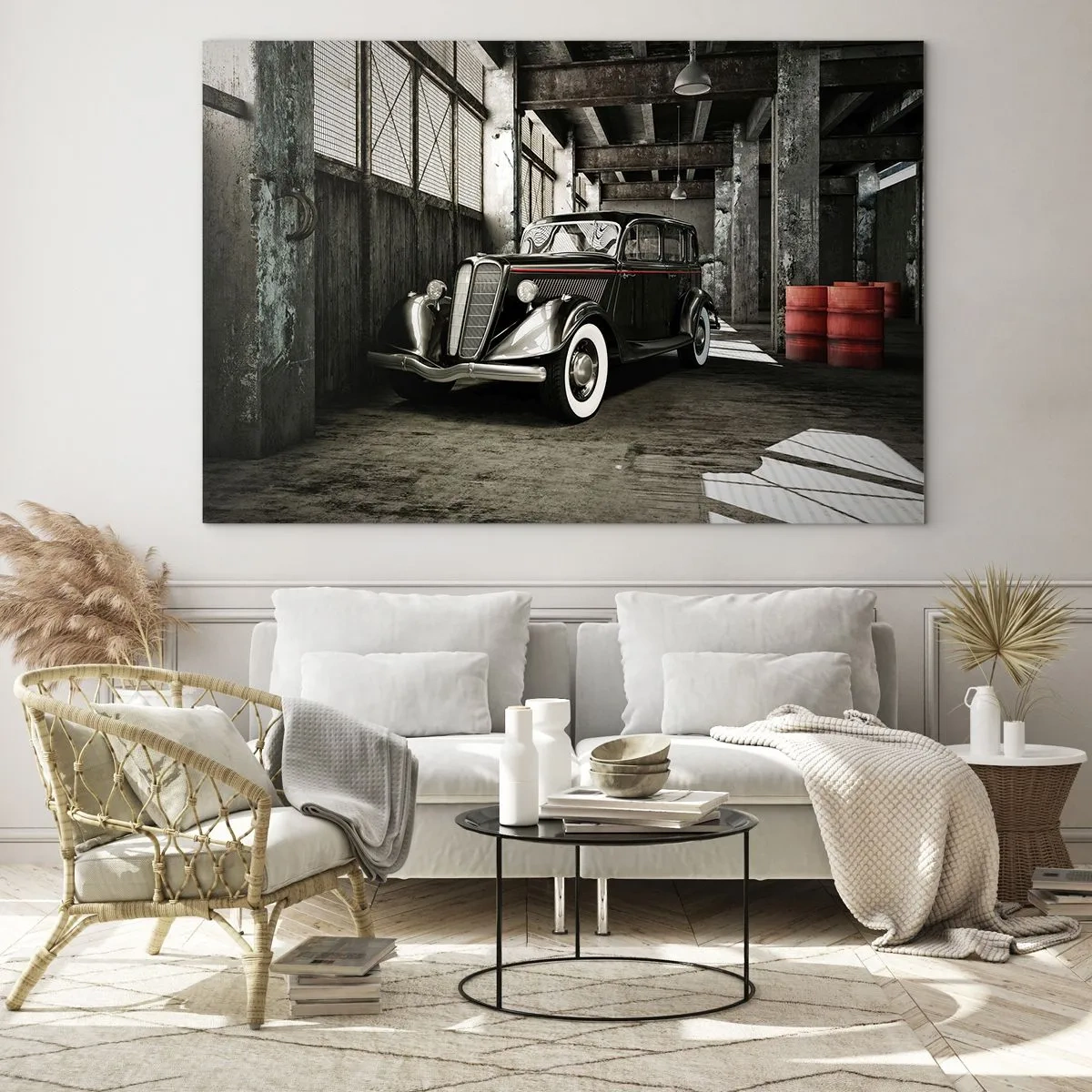 Schilderen op glas - Een oldtimer in een stijlvolle garage - 70x50cm - De eeuwige elegantie van de jaren 30 - Moderne wanddecoratie voor woonkamer en slaapkamer ARTTOR