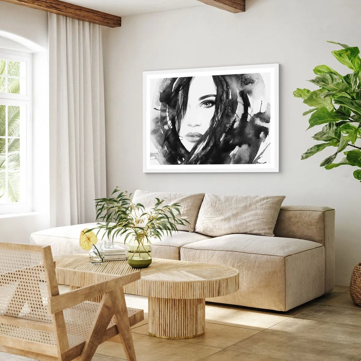 Poster in een witte lijst - Portret van een dame in zwart en wit - 100x70 cm