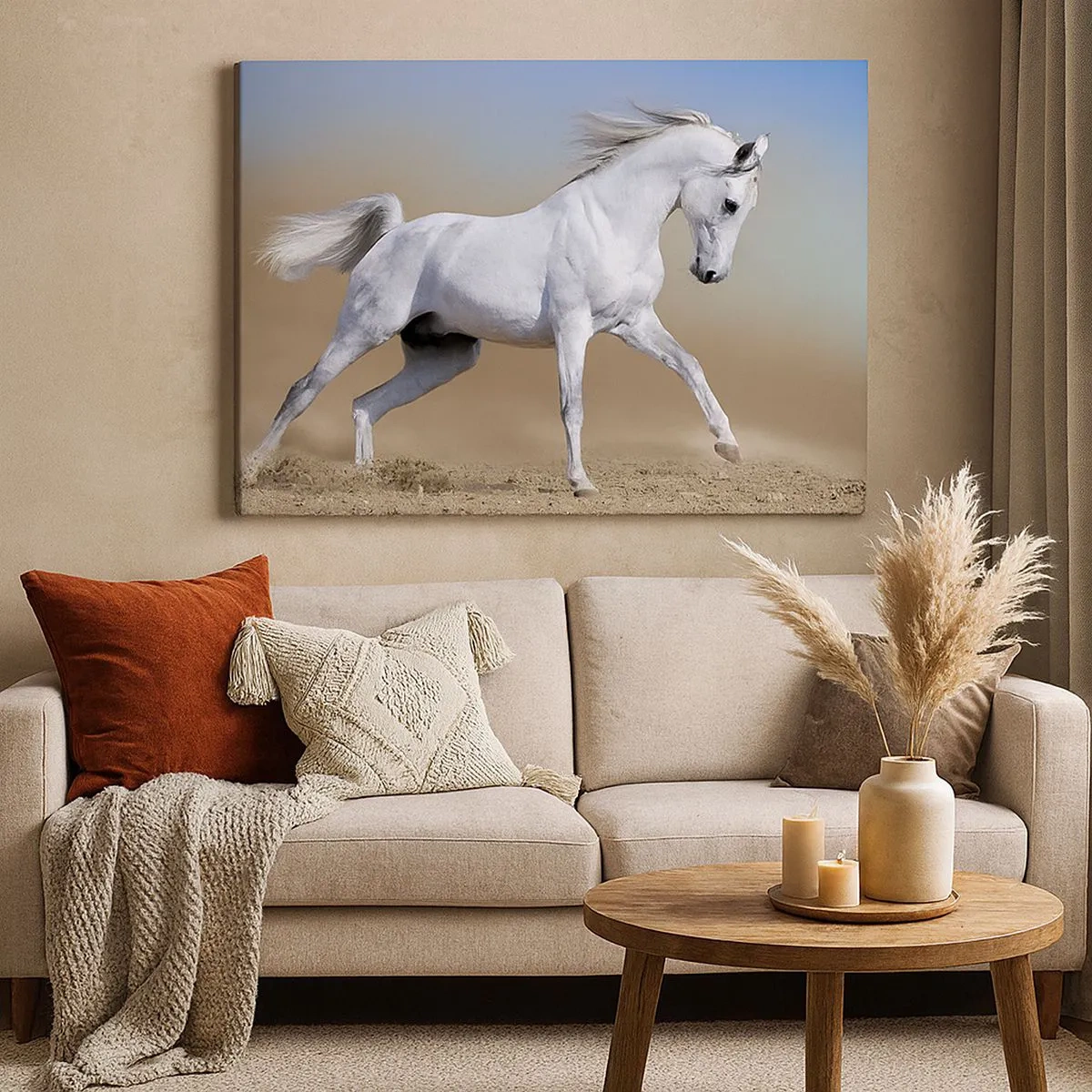 Schilderen op canvas - Een wit paard galoppeert door een woestijnlandschap - 70x50cm - Het mooiste Arabische sprookje - Moderne wanddecoratie voor woonkamer en slaapkamer ARTTOR