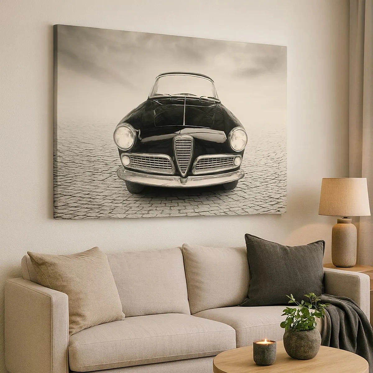 Schilderen op canvas - Een klassieke auto op een geplaveid plein in een monochrome stijl - 70x50cm - Je moet gewoon van me houden - Moderne wanddecoratie voor woonkamer en slaapkamer ARTTOR
