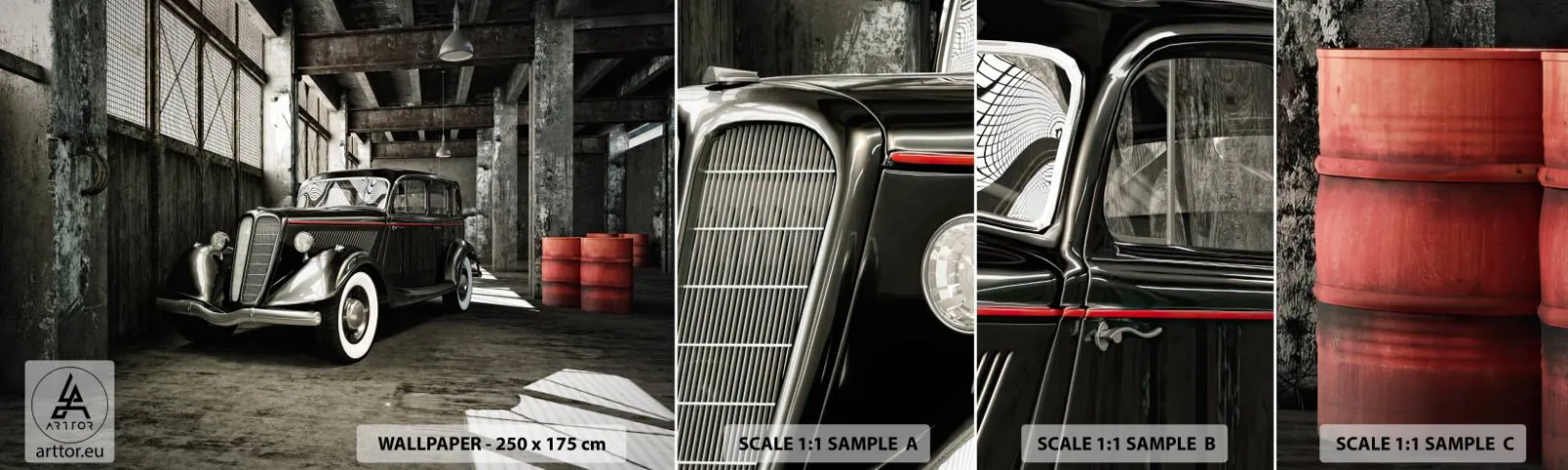 Fotobehang Staaltje Standard Eco - De eeuwige elegantie van de jaren 30 - Automobiel, Retro-auto, Fabriek magazijn - 100x30 cm