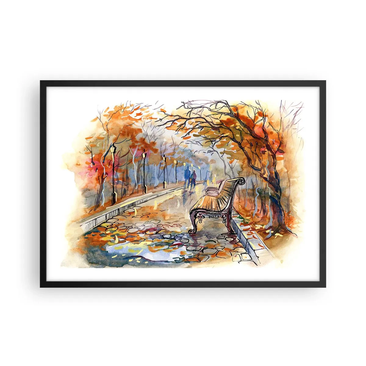 Poster in een zwarte lijst - Samen wandelen in de herfst - 70x50 cm