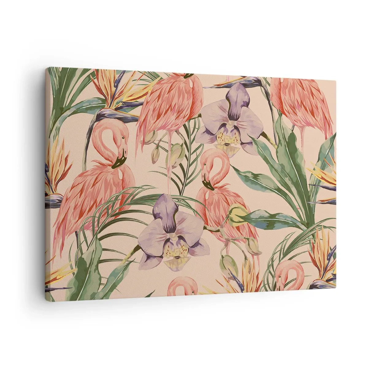 Schilderen op canvas - Flamingo's en tropische bloemen op een lichte achtergrond - 70x50cm - Roze ballet in bloemen - Moderne wanddecoratie voor woonkamer en slaapkamer ARTTOR