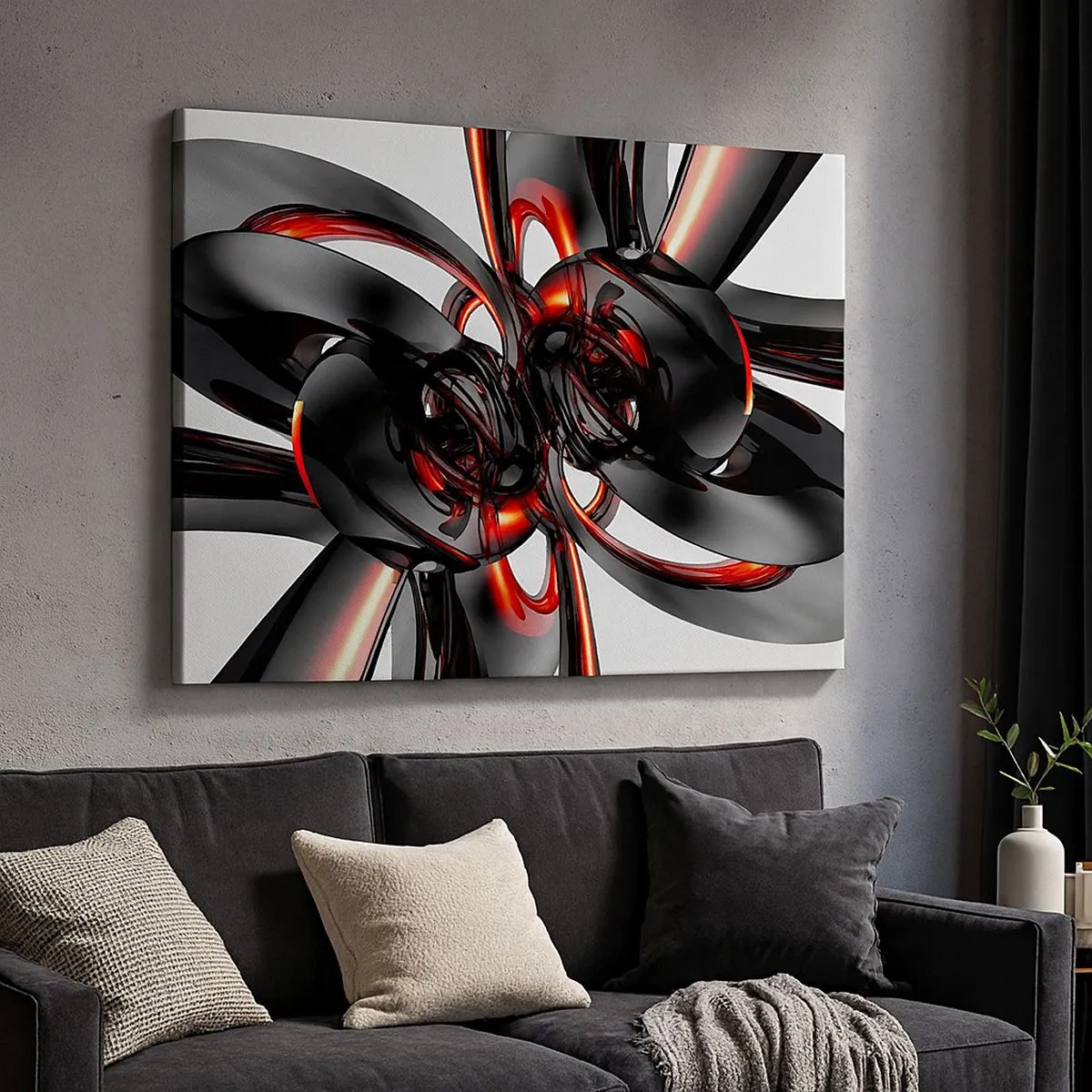 Schilderen op canvas - Abstracte 3D-graphics met zwarte en rode elementen - 70x50cm - Beweging in grafiet en rood - Moderne wanddecoratie voor woonkamer en slaapkamer ARTTOR