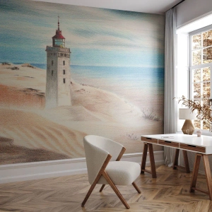Fotobehang Premium Sand - Altijd staren naar de zee - Vuurtoren, Strand, Zee - 250x175 cm