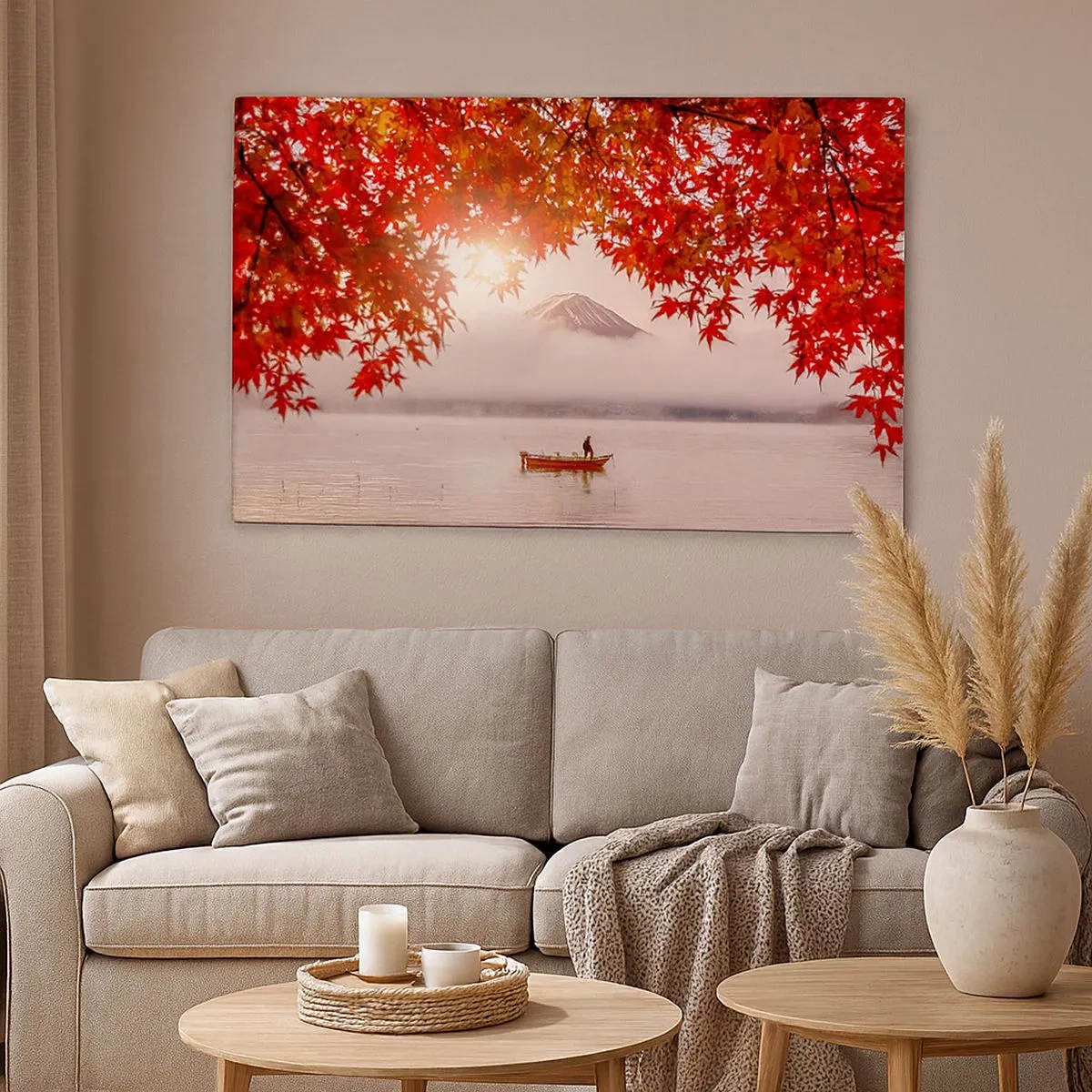 Schilderen op canvas - Een boot op een meer omringd door rode esdoornbladeren - 70x50cm - In het Japanse klimaat - Moderne wanddecoratie voor woonkamer en slaapkamer ARTTOR