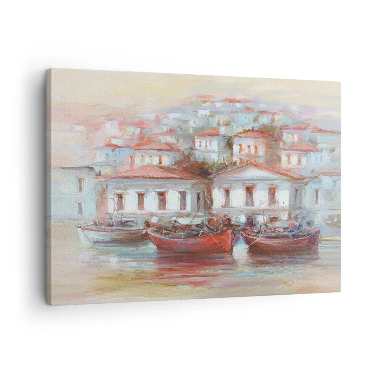 Schilderen op canvas - Kleurrijke boten en pittoreske gebouwen aan het water in pasteltinten - 70x50cm - Gelukkige stad - Moderne wanddecoratie voor woonkamer en slaapkamer ARTTOR