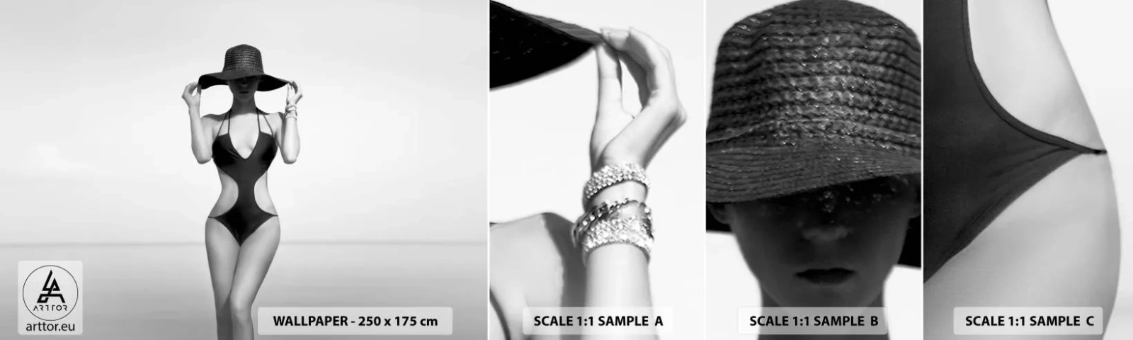 Fotobehang Staaltje Standard Eco - Mijn naam is: Elegantie - Vrouw, Strand, Mode - 100x30 cm